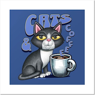 Tuxedo Black & White Cats and Coffee Posters and Art